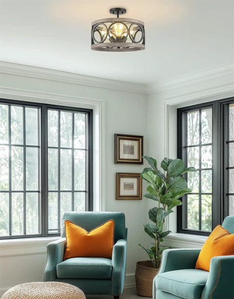 Larkin 15-Inch 3-Light Modern Farmhouse Semi Flush Mount Ceiling Light With Open Drum Style Vibe in a living room setting