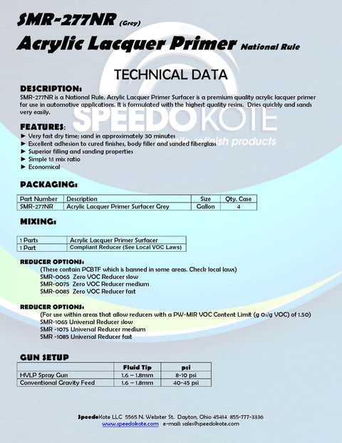 Technical data sheet for Gray Acrylic Lacquer Primer 2 Gallon Kit With Medium Speed Reducer Fast Dry Easy Sanding