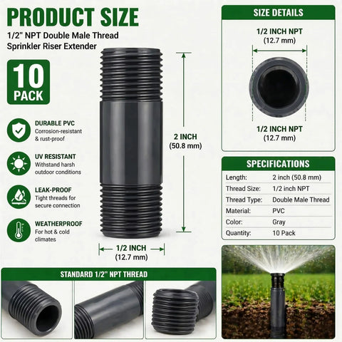 Five Pack Sprinkler Riser Extensions One Half Inch Male Pipe Thread Two Inch Length Easy Install PVC Double Male Connector