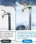 Before and after images of pipes with self adhesive slit foam pipe insulation tubes for spigot and outdoor pipes freeze protection.