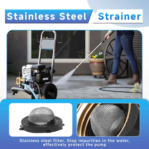 Stainless steel water inlet strainer for pressure washers, 3/4 in female to 3/8 in male, EZALOR 2-pack front view