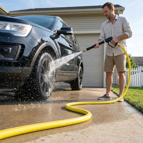 Man using Yellow Short Garden Hose 3/4 Inch By 10 Feet No Kink Leak Free Flexible PVC Water Hose to wash car