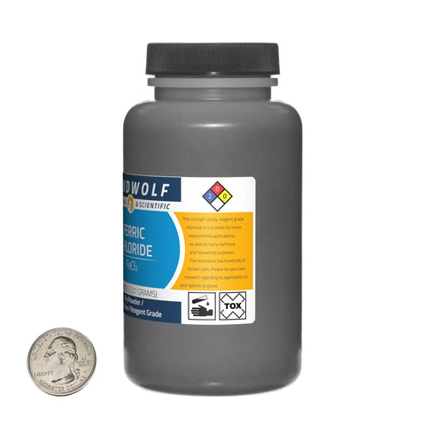 High Purity PCB Etchant Powder, 8 Ounce Bottle, 99.9 Percent Reagent Grade Dry Powder next to a coin for scale