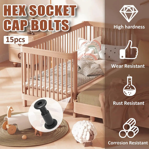 Tough As Nails M6x16 Hex Socket Cap Bolts Paired With Barrel Nuts And Allen Wrench 15 Piece Set on display in a child’s room.