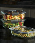Stacked Brilliant Glass Food Storage Containers Set Of Nine With Airtight Leak Proof Lids BPA Free Odor And Stain Resistant Microwave Safe