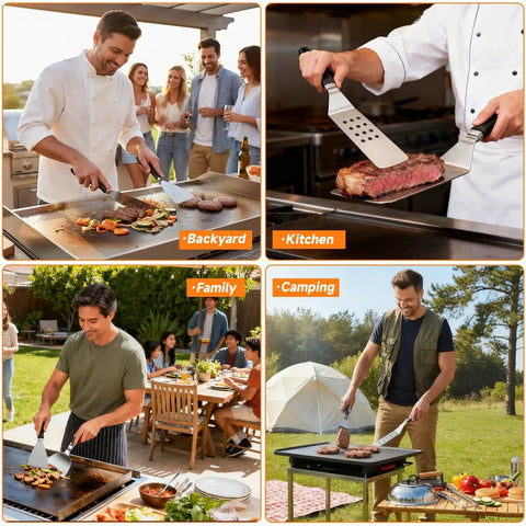 Griddle Accessories Kit For Blackstone Griddles with spatulas and tools used in various cooking settings; backyard, kitchen, family gathering, camping.