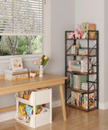 Sleek Five Tier Folding Bookshelf with vintage wood shelves in living room, 23W x60H x12D inches, heavy duty metal frame.