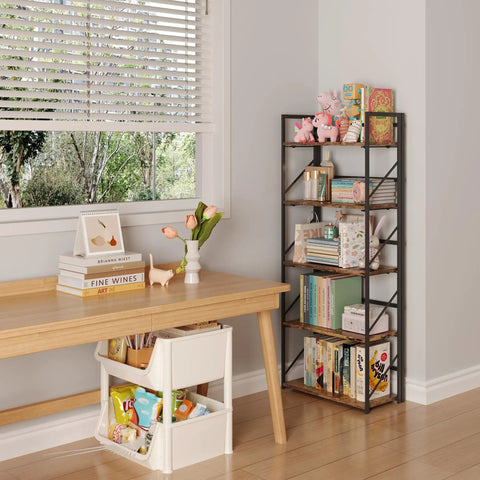Sleek Five Tier Folding Bookshelf with vintage wood shelves in living room, 23W x60H x12D inches, heavy duty metal frame.