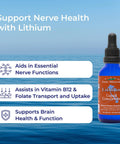 Ionic Minerals Liquid Lithium Drops For Brain Health And Chill Support, Lithium Chloride Concentrate Supplement For Men And Women, Water Dosing Drops That Help With Nervous System Function And Vitamin B12 Folate Transport, 2 Oz shown with text on benefits for nerve functions and brain health.