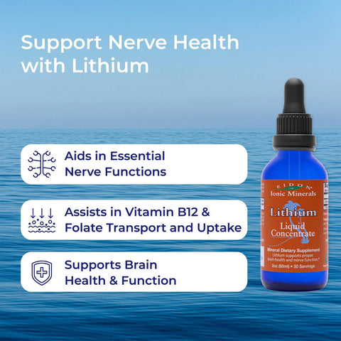 Ionic Minerals Liquid Lithium Drops For Brain Health And Chill Support, Lithium Chloride Concentrate Supplement For Men And Women, Water Dosing Drops That Help With Nervous System Function And Vitamin B12 Folate Transport, 2 Oz shown with text on benefits for nerve functions and brain health.