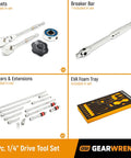 18 Piece 1/4 Inch 90-Tooth Ratchet And Drive Tool Set With EVA Foam Tray, Chrome Finish, Knurled Extension Bars visible