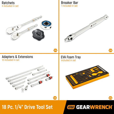18 Piece 1/4 Inch 90-Tooth Ratchet And Drive Tool Set With EVA Foam Tray, Chrome Finish, Knurled Extension Bars visible