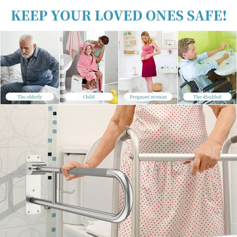 Rock Solid Toilet Grab Bar With Paper Holder Flip Up Bathroom Safety Rail Hella Secure stainless steel handle used by elderly