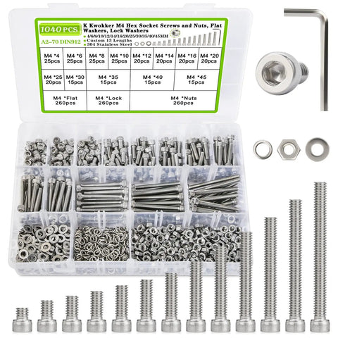 1040 Piece M4 Screws Nuts Bolts Kit 4mm To 45mm 304 Stainless Steel Hex Socket Head Cap Screws And Nuts Set With Washers