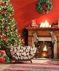 Heavy Duty Firewood Rack 25 Inch for Indoor And Outdoor Use, filled with logs beside a decorated Christmas fireplace and tree