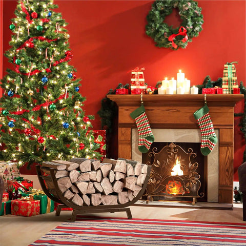Heavy Duty Firewood Rack 25 Inch for Indoor And Outdoor Use, filled with logs beside a decorated Christmas fireplace and tree