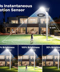 800W Dusk To Dawn Solar Street Light With 792 LED Beads, 60000 Lumens Of Hella Bright Output, IP66 Waterproof Outdoor Lighting With Motion Sensor For Yard And Garage, all weather security flood light demonstrating 120-degree motion sensor range at night