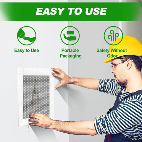 Man applying Drywall Repair Kit With Aluminum Patch Set For Quick Hole Fix, 13 Piece Wall Patch Kit on white wall.
