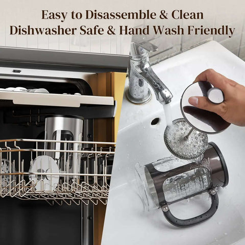 French Press Coffee Maker 34 Ounce Plastic Free Brewing Surface With Thickened Glass being cleaned, dishwasher safe, hand wash friendly