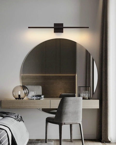 Slick Black Cordless Wall Sconces Set Of Two Wireless Led Accent Lamps With Smooth Stepless Dimming And Handy Remote Zero Wiring Hassle Modern Lighting For Bedrooms Hallways Top Shelf Battery Powered Home Glow Up above a circular mirror in a modern interior.