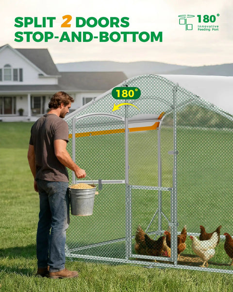 Man feeding chickens in Walk In Metal Chicken Coop With Run For Yard, Weatherproof Spire Roof Cage with UV cover, split doors visible.