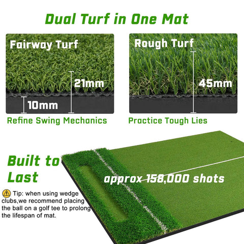 Image of Oversized 6x4ft Golf Hitting Mat With Built In Ball Tray Dual Turf for Indoor and Outdoor Practice Works With Golf Simulators featuring fairway and rough turf sections showing thickness and durability.