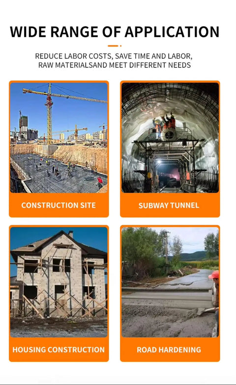 Powerful Portable Concrete Pump Machine With Advanced Hydraulic Drive System For Efficient Construction Site Material Transfer and Heavy Duty Conveying Solutions In Professional Settings images of diverse applications including construction, subway tunnels, housing, and road work.