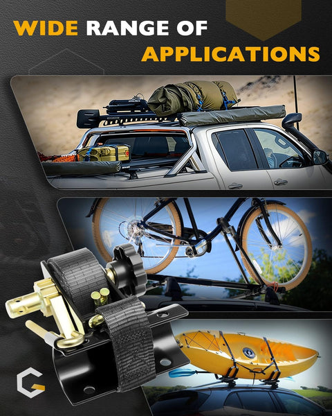 Four Pack One And A Half Inch Ratchet Straps With J Hooks For Ladder Rack And Roof Gear Seven Point Five Feet Long Five Hundred Pound Load Heavy Duty Retractable Tie Downs Cordura Wear Pad Premium Poly Webbing Diamond Stitching securing ladder, bike, kayak on roof.