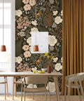Dining room with Peel And Stick Floral Wallpaper Removable Mural With Vintage Rose Leaf Pattern In Black Brown And Beige Easy No Mess Install