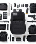 Rugged Waterproof Tactical Daypack For Men With MOLLE Webbing Laser Cut Design Water Bottle Holder And Quick Access Pockets Built To Haul Available In 25L 30L 35L Or 45L Capacity For Hiking Travel Camping And Daily Commute, displayed with accessories.