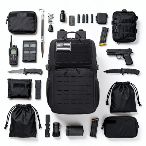 Rugged Waterproof Tactical Daypack For Men With MOLLE Webbing Laser Cut Design Water Bottle Holder And Quick Access Pockets Built To Haul Available In 25L 30L 35L Or 45L Capacity For Hiking Travel Camping And Daily Commute, displayed with accessories.