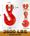 Four Pack One Quarter Inch Clevis Grab Hooks G70 Heavy Duty Forged Steel Red Powder Coated For One Quarter Inch Chain On Truck Trailer Flatbed Tow Farm Use 3600 Lbs WLL And 14400 Lbs Break Strength Ideal For Secure Tie Down, showing hook dimensions and features.