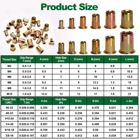 Garage-Ready 850-Piece Rivet Nut Kit With SAE And Metric Sizes, Flat Head Threaded Inserts For DIY Projects And Auto Repairs Includes M3 To M10 And Inch Sizes Like 1/4-20, 5/16-18, 3/8-16, size chart