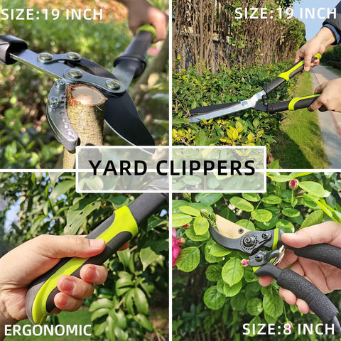 Three Piece Yard Tools Set With Loppers Hedge Clippers And Pruners For Easy No Fuss Tree Trimming 19 Inch Loppers, 19 Inch Hedge Shears, 8 Inch Pruning Shears in use