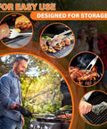 Man using Heavy Duty 4 Piece BBQ Tool Set With Stainless Steel Spatula Tongs Fork And Cleaning Brush Wood Handle Outdoor Grill Utensils Kit Perfect Dad Gift For Backyard Grillin And Summer Cookouts