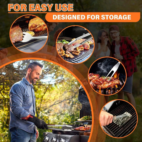 Man using Heavy Duty 4 Piece BBQ Tool Set With Stainless Steel Spatula Tongs Fork And Cleaning Brush Wood Handle Outdoor Grill Utensils Kit Perfect Dad Gift For Backyard Grillin And Summer Cookouts