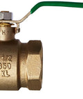 Workhorse Grade Lead Free Brass Ball Valve With Single Union Mount For Residential And Commercial Projects seen from side with green handle.