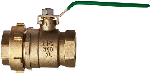 Workhorse Grade Lead Free Brass Ball Valve With Single Union Mount For Residential And Commercial Projects seen from side with green handle.
