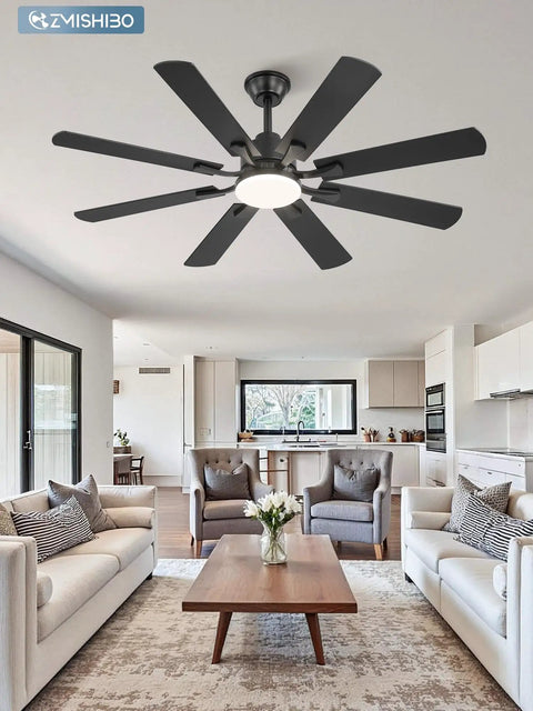 52 Inch Ceiling Fan With Light And Remote, 8 Blade Quiet DC Motor, black fan in modern living room with beige sofas and wooden table
