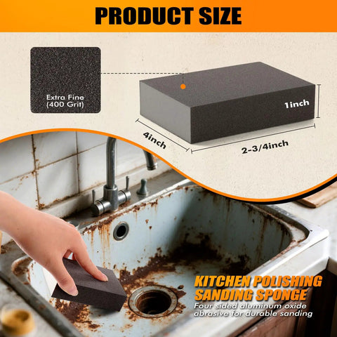 Extra Fine 400 Grit Pro Grade Manual Sanding Sponge Sheet 4 Inch Pack Of Four For Finishing Polishing And Light Grinding On Kitchen Surfaces Aluminum Oxide High Density Sponge Block being used on rusty sink