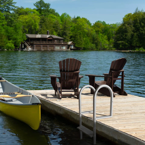 5 Step Stationary Dock Ladder With Beefy Aluminum Build 20 Inch Wide Marine Grade Dock Access For Boats Easy Flip Up Design And Quick Release Pin For Safe Boarding, silver ladder on wooden dock