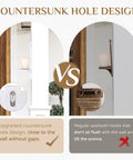 Comparative image of countersunk hole design vs sawtooth hook for Rustic Whitewashed Wood Candle Sconces Wall Decor Set Of Two.