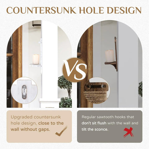 Comparative image of countersunk hole design vs sawtooth hook for Rustic Whitewashed Wood Candle Sconces Wall Decor Set Of Two.