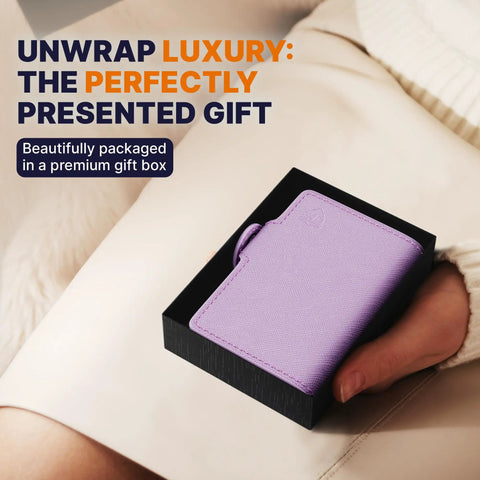 Pop Up Wallet For Women With RFID Blocking Slim Card Holder in gift box, perfect for small purses and crossbody bags.