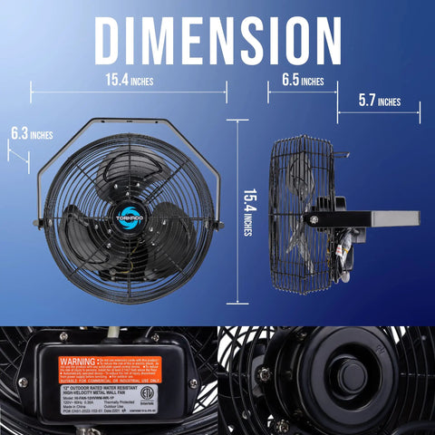 Beefy 12 Inch Outdoor Water-Resistant High-Velocity Wall Mount Fan IPX4 weatherproof metal 3 speed dimensions view