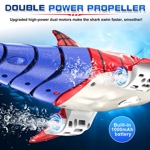 Close-up of Remote Control Shark Toy For Kids Rad Totally Dual Motors RC Shark with visible propellers and water splashes.