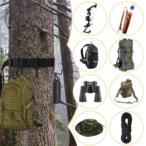 Two Pack Tree Stand Gear Hangers with Twelve Metal Hooks For Hunting Bow Arrows Bags Saddle Gear Hanger Set on tree with accessories