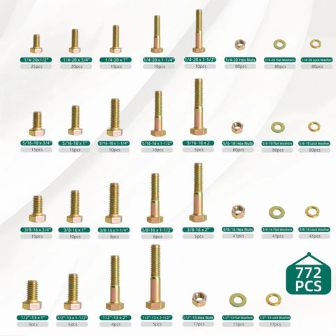 Badass Grade 8 Bolt And Nut Assortment Kit Packed With Lock And Flat Washers In Diverse Sae Sizes Crafted From Heavy Duty Alloy Steel To Handle Intense Mechanical Jobs Without Batting An Eye with assorted bolts and nuts in storage layout.
