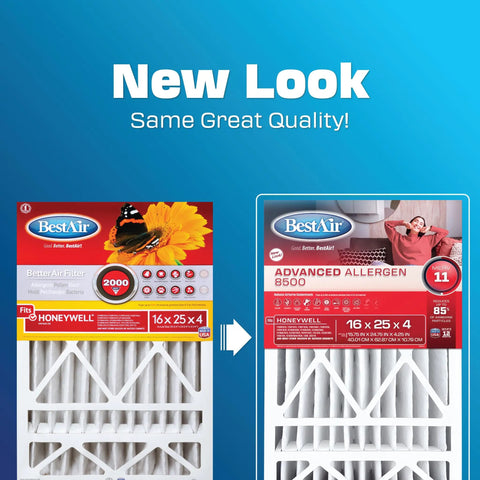 Comparison of old and new packaging for Furnace And HVAC Air Filter 16 By 25 By 4 Inches MERV 11 For Allergy Relief And Clean Air
