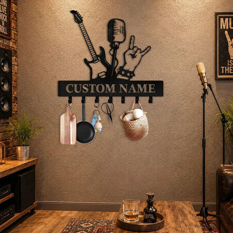 Personalized Guitar Key Holder For Wall With Custom Name, Metal Key Mount Featuring Guitar Silhouette And Bass Hooks